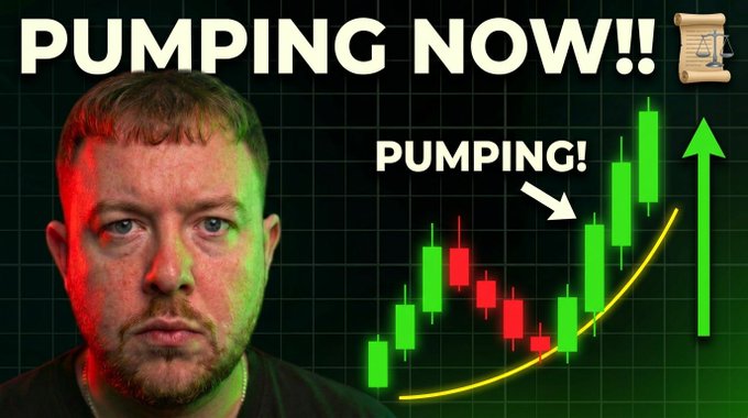 A YouTube thumbnail featuring a man with red and green lighting alongside a green candlestick chart with the bold text "PUMPING NOW!!" and "PUMPING!" pointing to an upward arrow, highlighting the excitement over Bitcoin's price surge.