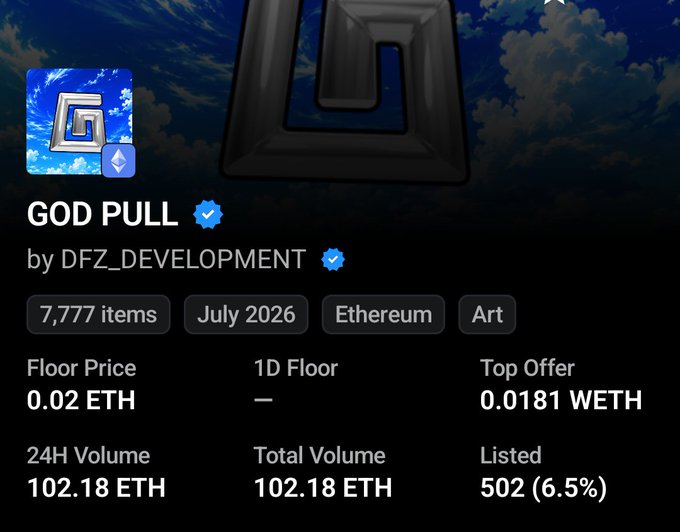 The image shows an NFT collection statistics page for "GOD PULL" by DFZ_DEVELOPMENT, featuring 7,777 items minted in July 2026 on Ethereum with a floor price of 0.02 ETH and a top offer of 0.0181 WETH. This aligns with the post celebrating the project's successful 2x after mint, as reflected in the 0.02 ETH floor price and 102.18 ETH in trading volume within 24 hours.