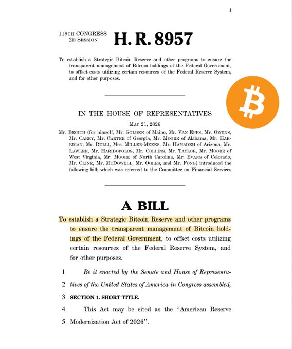 A page of H.R. 8957, the "American Reserve Modernization Act of 2026," introduced in the House on May 21, 2026, by Rep. Nick Begich and others, to establish a Strategic Bitcoin Reserve for transparent management of federal Bitcoin holdings. The image shows the bill's text alongside a Bitcoin logo, visually supporting the news that the legislation has cleared the House Financial Services Committee and is advancing toward a full House vote.
