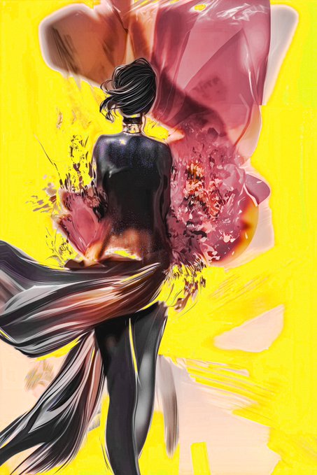 The image features an abstract painting with a woman depicted wearing a black dress, holding a pink flower. The background of the painting is yellow, which contrasts with the dark figure of the woman. The artist's signature can be seen at the bottom right corner of the artwork.