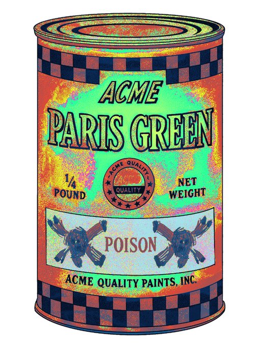 Illustration of an ACME Paris Green poison can, a vintage-style 1/4 pound paint container labeled 'POISON' with skull and crossbones imagery, produced by Acme Quality Paints, Inc.