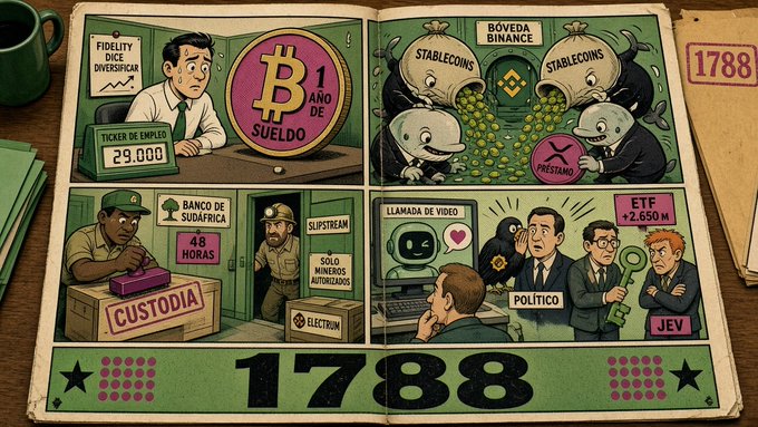 An illustrated comic-style spread numbered 1788, showing various crypto-related vignettes including a Fidelity Bitcoin dice game, Binance vault with whales, a bank in Sudan with Electron mining, and a video call scene featuring JEV politicians discussing an ETF.