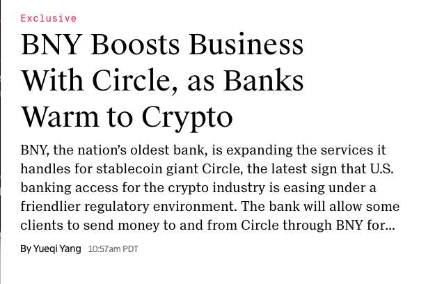 A news headline reads "BNY Boosts Business With Circle, as Banks Warm to Crypto," reporting that BNY (the nation's oldest bank) is expanding services for stablecoin giant Circle, signaling easing U.S. banking access for crypto under a friendlier regulatory environment. The article by Yueqi Yang, marked as "Exclusive," confirms the partnership announced jointly by BNY and Circle.