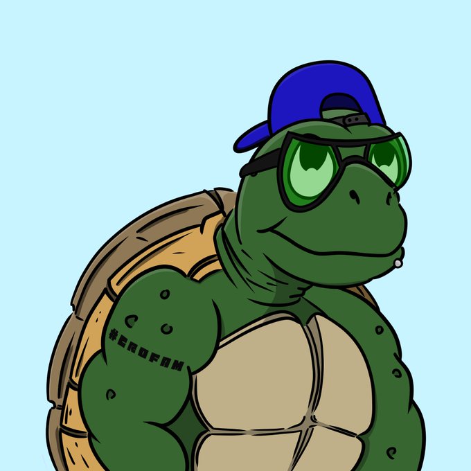 A cartoon illustration of a muscular green turtle wearing a blue backward cap and green sunglasses, with the hashtag '#ERUFAM' tattooed on its arm.