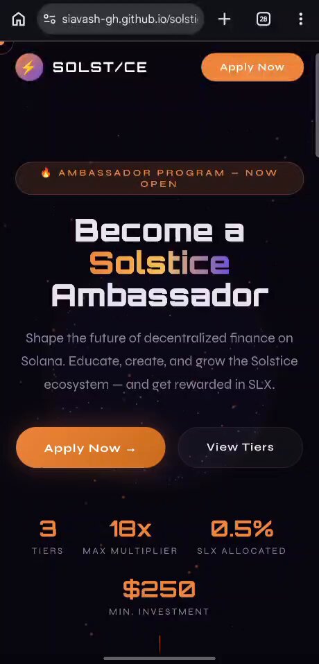 The image shows a phone screen displaying a website called Solistec. The website has a dark blue background, orange text, and an orange button that says "Apply Now" with a white border. Below this button are three different options for tiers of the Ambassador Program, which is designed to help people learn about and invest in Solana DeFi projects. The image also includes some text that provides information on how to join the program and what ambassadors actually do.