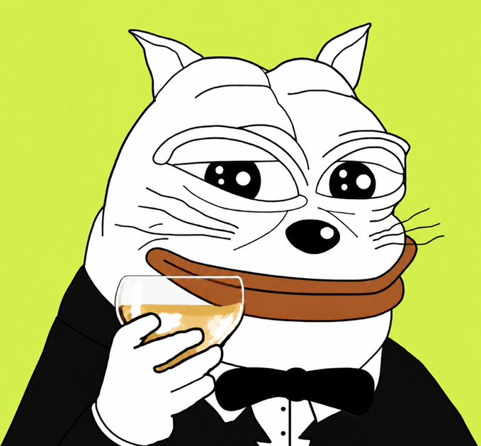 A cartoon illustration of a white dog character wearing a tuxedo and bowtie, holding a glass of an amber beverage against a light green background.