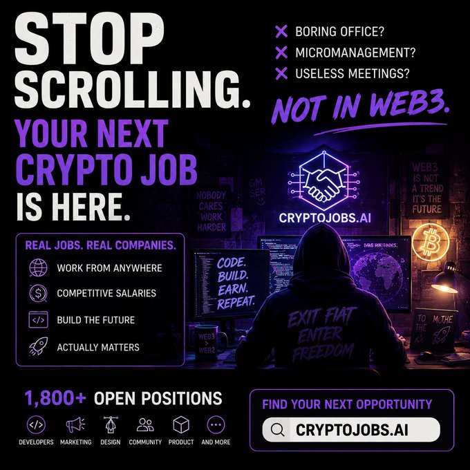 A promotional advertisement for CryptoJobs.ai featuring a hooded figure at multiple monitors with text 'STOP SCROLLING. YOUR NEXT CRYPTO JOB IS HERE' and '1,800+ OPEN POSITIONS' in Web3, developer, and marketing roles.