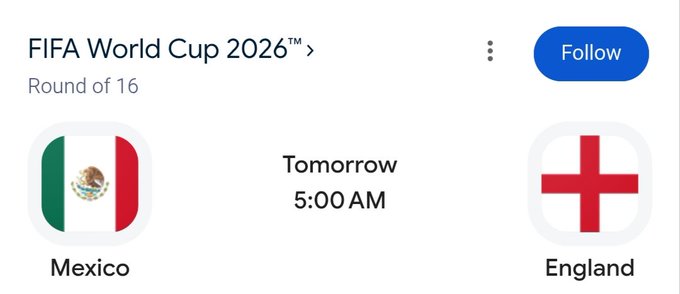 A social media post shows a FIFA World Cup 2026 Round of 16 matchup between Mexico and England scheduled for tomorrow at 5:00 AM. The image directly relates to the accompanying post's giveaway, where users can predict the correct score of this Mexico vs. England match for a chance to win $3,000.