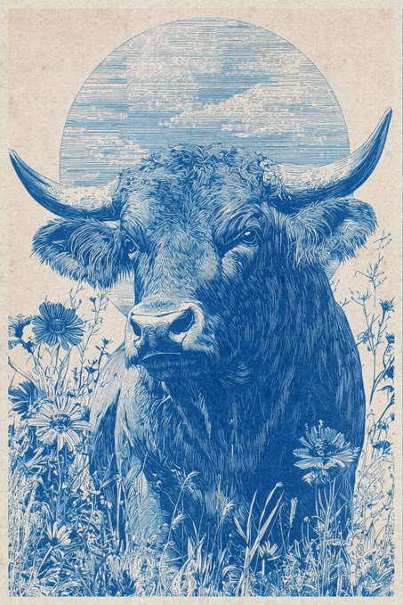 A blue-toned illustration depicts a majestic bull with large curved horns, surrounded by wildflowers and grasses, set against a circular sky backdrop. The artwork, titled "Good Morning! The Bull Wakes (2025)" and owned by @0xLapom, symbolizes a fresh start and rising market energy—fitting for a bull figure awakening with the day.