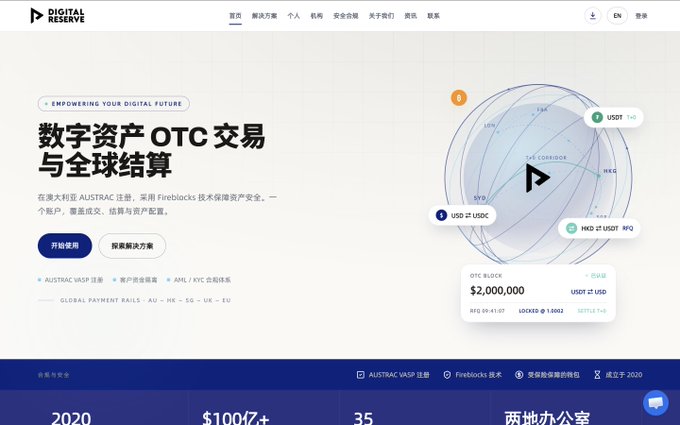 The homepage of Digital Reserve, a digital asset OTC trading platform registered in AUSTRAC, offering global settlement with text reading '数字资产OTC交易与全球结算' (Digital asset OTC trading and global settlement).