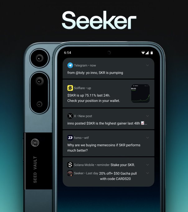 A promotional image for the 'Seeker' app displaying a smartphone interface showing Telegram posts about $SKR price gains on Solana, alongside a Solana Seeker Seed Vault device.