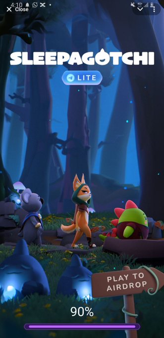 A mobile game loading screen titled "SLEEPAGOTCHI LITE" featuring a fox character in a dark forest, with a progress bar at 90% and a "PLAY TO AIRDROP" button.