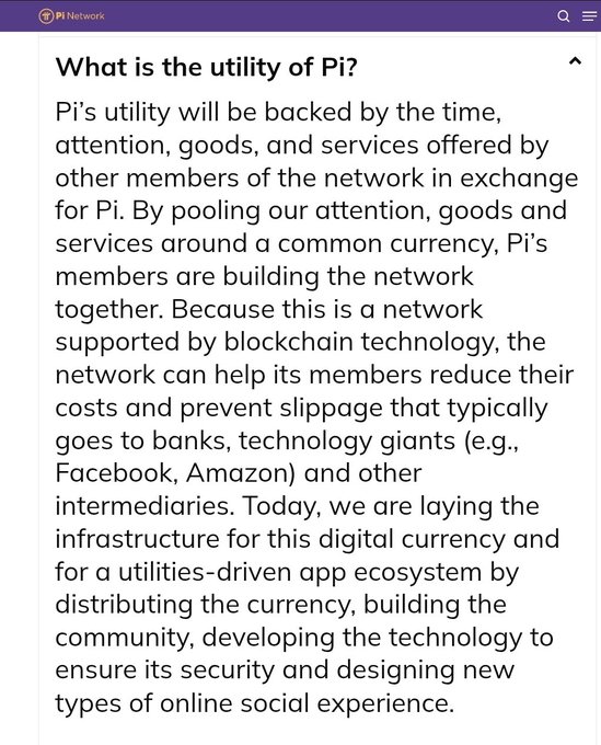 This image defines the utility of "Pi" as a blockchain-based digital currency backed by user contributions and aimed at breaking free from intermediaries like Facebook and Amazon. The accompanying post critiques the current use of blockchain technology for self-enslavement, which this text directly contrasts by proposing Pi as a tool for liberation.