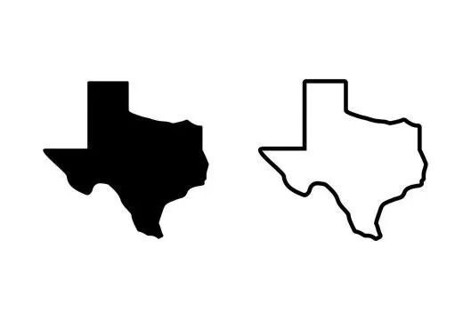 A black silhouette of the state of Texas alongside an outlined version of the same shape on a white background.