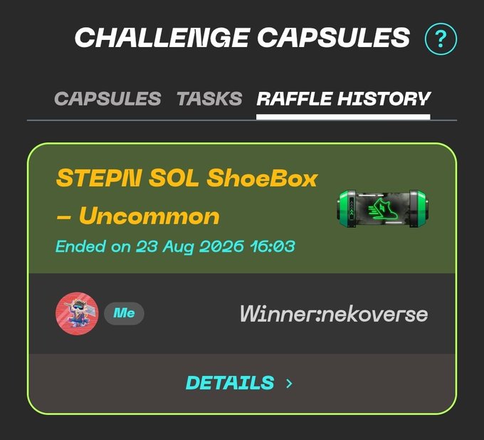 A 'CHALLENGE CAPSULES' raffle history screen showing a STEPN SOL ShoeBox - Uncommon item that ended on 23 Aug 2026, with 'nekoverse' listed as the winner.