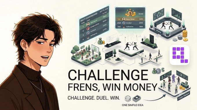 An illustration of a smiling young man in a brown turtleneck and blazer next to the text 'CHALLENGE FRENS, WIN MONEY' and 'CHALLENGE. DUEL. WIN.', accompanied by isometric graphics of a leaderboard, money bags, fighting characters, and a board game.