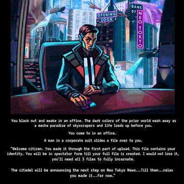 A pixel art cyberpunk scene of a man in a suit at an office with neon 'OFFLINE' and 'ONLINE' signs, with narrative text describing an encounter with an 'animus' in Neo Tokyo.