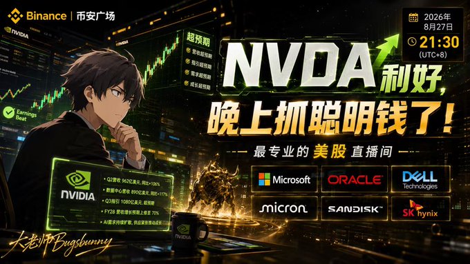 A promotional banner for a Binance livestream titled "NVDA 利好, 晚上抓聪明钱了!" airing August 27, 2026 at 21:30 (UTC+8), featuring an anime-style character against a stock chart backdrop and partner logos including Microsoft, Oracle, Dell, Micron, Sandisk, and SK Hynix—teasing the broadcast announced in the post.