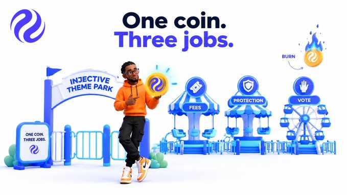 A promotional graphic for a cryptocurrency with the text 'One coin. Three jobs.' and 'INJECTIVE THEME PARK', showing a person holding a coin with stands labeled 'FEES', 'PROTECTION', and 'VOTE', alongside a 'BURN' token.