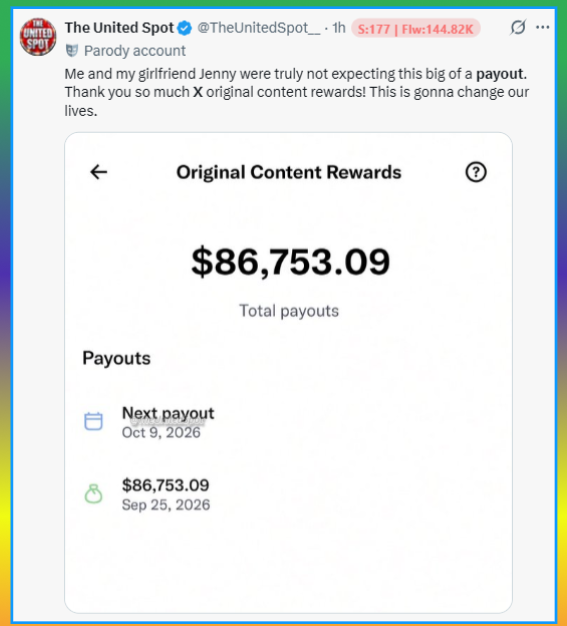 A tweet from parody account @TheUnitedSpot_ shows a screenshot of 'Original Content Rewards' totaling $86,753.09 in payouts, with the caption thanking 'X original content rewards'.