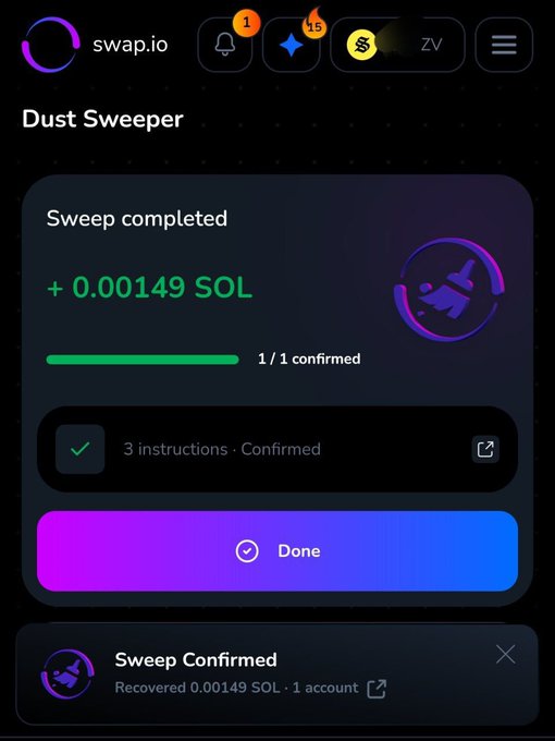 A screenshot from the swap.io app showing a completed Dust Sweeper transaction that recovered +0.00149 SOL, with a 'Sweep Confirmed' notification at the bottom.