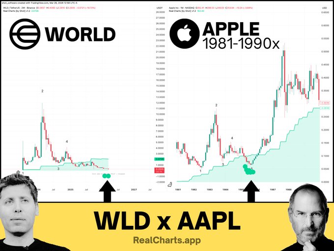 The image shows a comparison of two charts, one featuring an apple stock symbol ( AAPL ) and another with a world symbol. These symbols represent Apple and World Markets. The chart for World Markets displays a downward trend over time compared to the chart for Apple's stock in the year 1981-1990. The charts display the stock prices at various intervals along the x-axis, while the y-axis represents the percentage change of the stock price between these intervals.