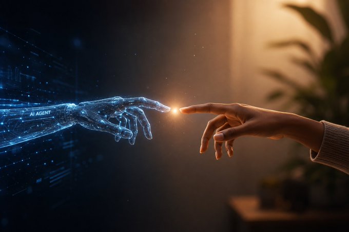 A digital illustration showing a glowing blue holographic hand labeled "AI AGENT" reaching out to touch a human hand, recreating the iconic Michelangelo "Creation of Adam" pose.
