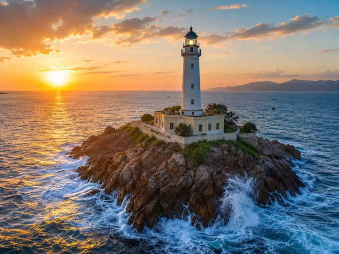 A scenic sunset photograph of a white lighthouse on a rocky island surrounded by ocean waves, with mountains visible in the distance.