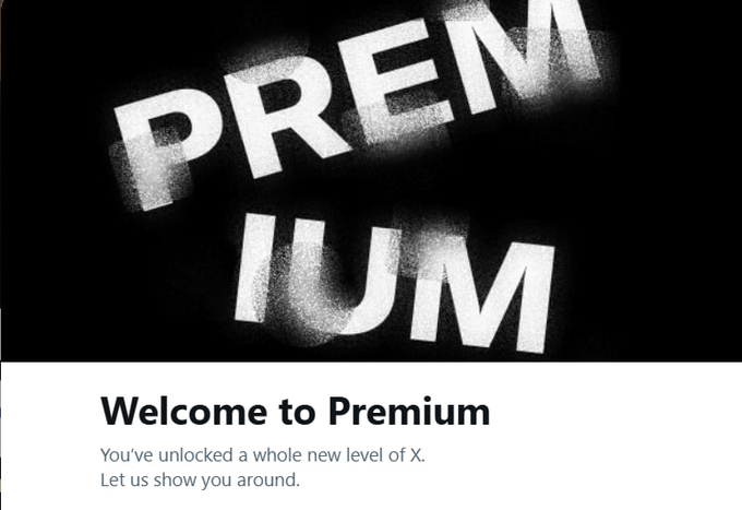 The image displays a bold black-and-white graphic with "PREMIUM" spray-painted in large letters above text reading "Welcome to Premium. You've unlocked a whole new level of X. Let us show you around." The image promotes X's (formerly Twitter) Premium subscription service, which ironically contrasts with the post about creating multiple accounts to chase gains inspired by "Brother Musk"—a self-proclaimed Premium user seemingly leveraging the platform's status to flex speculative hustle culture.