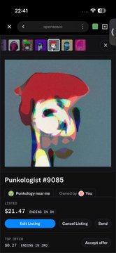 A mobile screenshot of an NFT marketplace showing a listing for 'Punkologist #9085' priced at $21.47, ending in 2 hours and 3 minutes.