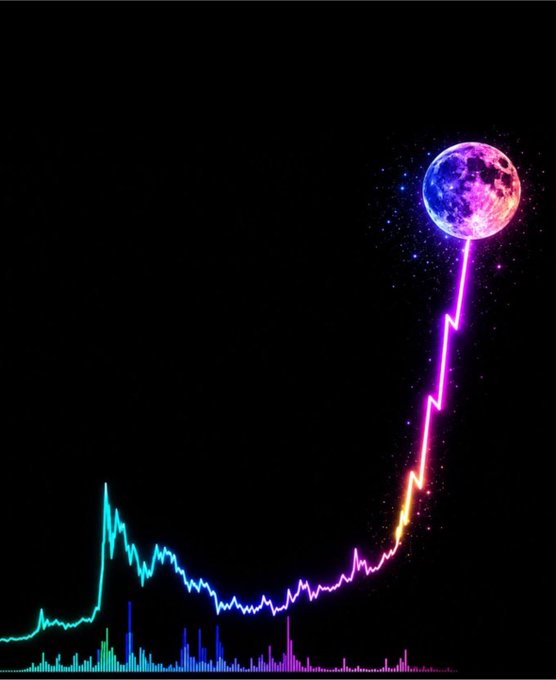 A vibrant crypto chart shows $MON's price spiking sharply upward like a rocket, with a colorful moon glowing at the peak of the line, symbolizing the token's anticipated surge as teased by the post hinting at something loading on Monad. The neon line graph and glowing moon visually reinforce the bullish, "to the moon" sentiment conveyed in the caption.
