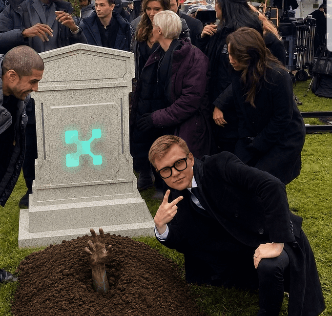 A man in a suit making a peace sign next to a tombstone with a glowing Under Armour logo, with a zombie hand emerging from the dirt.