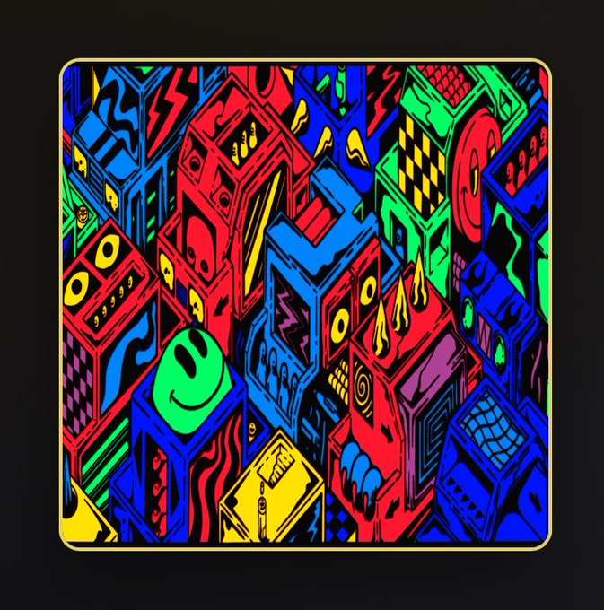 A vibrant, psychedelic digital artwork featuring a chaotic cityscape of stacked speaker boxes, flames, lightning bolts, and a green smiley face in a bold neon color palette of red, blue, green, and yellow—likely an NFT collectible celebrating street/electronic music culture shared by an XRPL art collector. The design reflects the energetic, graffiti-inspired aesthetic of the crypto art community supporting artists on the XRP Ledger.