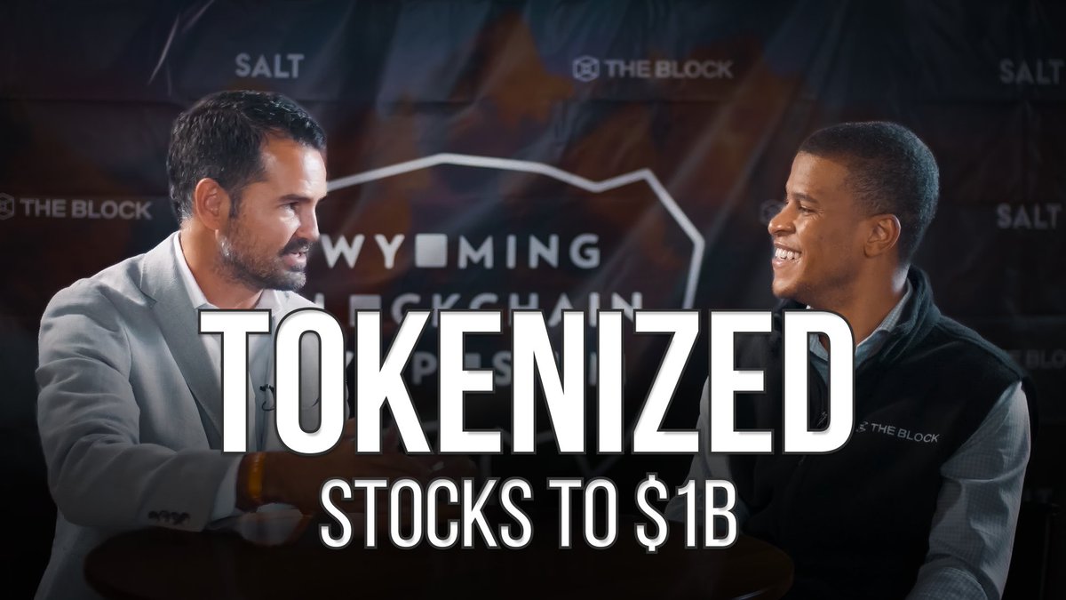 Two men smile at each other in front of a 'SALT' and 'THE BLOCK' branded backdrop, with bold white text overlay reading 'TOKENIZED STOCKS TO $1B'.