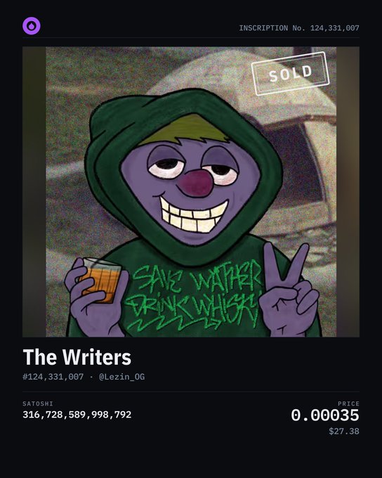 A purple cartoon character wearing a green hoodie that reads "SAVE WATER DRINK WHISKEY" holds up a peace sign and a drink, displayed on an OrdDropz sale listing for "The Writers" inscription #124,331,007 by @Lezin_OG, marked as SOLD at 0.00035 BTC (35,000 sats / $27.38) out of 316,728,589,998,792 total sats.