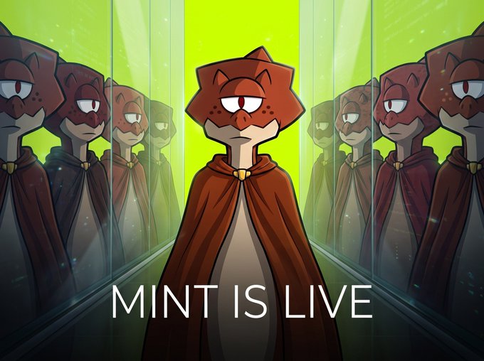 A hooded, cyclops character in a brown cloak stares ahead, surrounded by mirrored reflections of themselves against a glowing green backdrop, with the bold text "MINT IS LIVE" displayed across the center to announce the public mint for the Cyclops Eyrix NFT collection.
