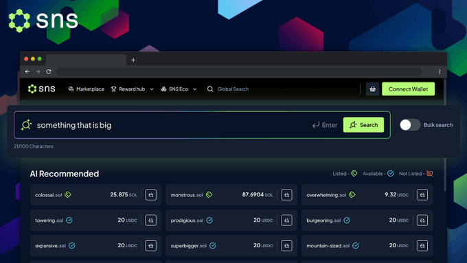 The image shows a computer screen displaying a search engine page with a search bar at the top of the screen. The search bar has several options for searching, including "al recommended" and "somehow that's big", as well as other options like "al review". The background of the image is blue with green and purple shapes, creating an interesting visual effect. The post suggests using AI to find a suitable domain name by describing what they are looking for in plain language.