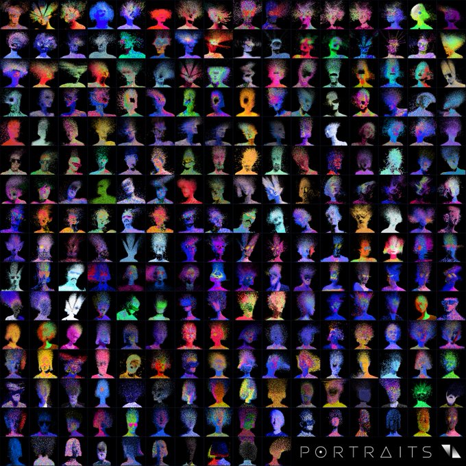 The image features a large grid filled with various faces, each representing different emotions or states of being. The faces are arranged in rows and columns, creating an abstract pattern that captures the essence of human emotions and experiences. The colors used for the faces vary, adding depth and complexity to the overall composition. The post by @TransientLabs discusses the concept of portraits and how they can represent different emotional states or memories, as well as the idea that our identities are constantly evolving through these shifts in perception.