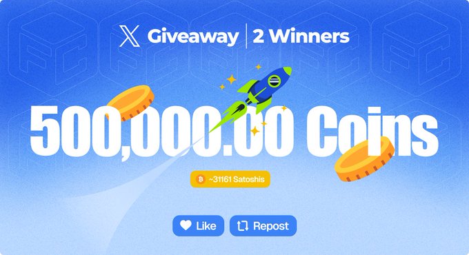 A blue promotional graphic announces an X (Twitter) giveaway of 500,000 Coins (~31,161 Satoshis) to 2 winners, featuring a rocket illustration, floating gold coins, and "Like" and "Repost" buttons, directly matching the post's instructions for entry.