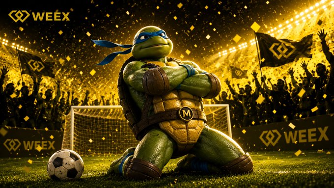 The image shows a muscular, live-action style Leonardo (blue mask) from Teenage Mutant Ninja Turtles posing triumphantly on a soccer field with a goal behind him, surrounded by a cheering crowd waving WEEX-branded flags under golden confetti. The accompanying post's text is not visible in the image, but it ties into the WEEX Cup branding—pairing the heroic, champion-ready turtle with the idea of locking in tournament predictions on the WEEX platform.