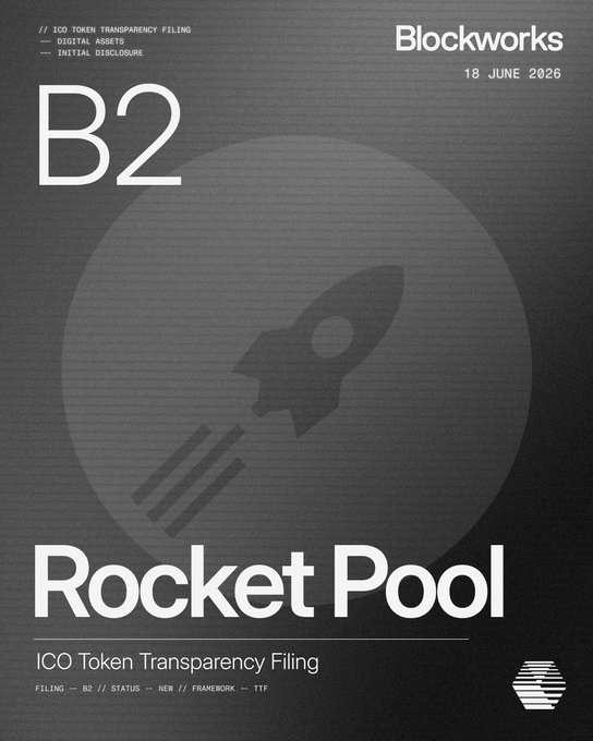The image is a Blockworks "B2" ICO Token Transparency Filing cover dated 18 June 2026, featuring a rocket ship graphic and the name "Rocket Pool," with framework noted as TTF and status as NEW. It visualizes Rocket Pool's B2 Token Transparency Filing milestone, complementing the post about its liquid staking protocol and $RPL token on Ethereum Mainnet.