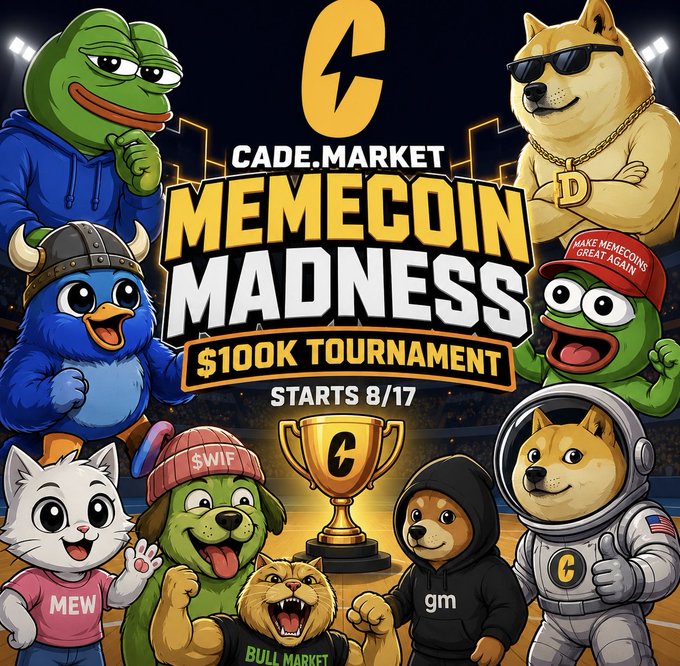 A promotional graphic for 'CADE.MARKET MEMECOIN MADNESS $100K TOURNAMENT STARTS 8/17' featuring various cartoon meme characters including Pepe, Doge, and a Shiba Inu astronaut.