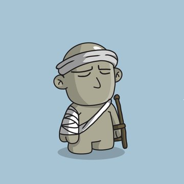 A cartoon character with a bandaged head, sling, and walking stick appears injured, fitting the post's "bear market" theme as a humorous visual metaphor for market losses, with the post noting it would be "flawless" with the addition of a cup.