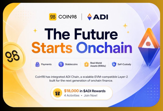 The promotional graphic announces Coin98 Wallet's integration of ADI Chain, featuring the tagline "The Future Starts Onchain" alongside categories like Payments, Stablecoins, Real World Assets (RWAs), and Self-Custody, with a $18,000 $ADI rewards campaign across 4 activities. The image reinforces the post's thesis about practical blockchain utility by highlighting ADI Chain as a scalable EVM-compatible Layer-2 built for real onchain finance applications rather than speculative tokens.