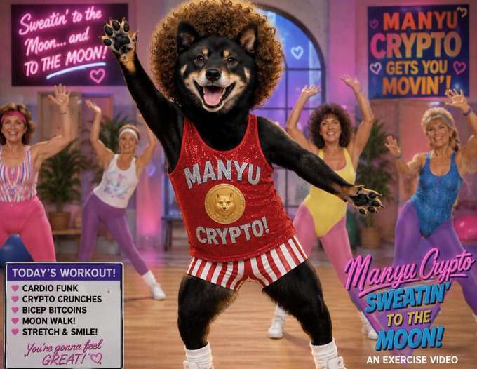 A retro 80s-style workout video poster titled 'Manyu Crypto: Sweatin' to the Moon!' featuring a dog-headed figure in a red 'MANYU CRYPTO!' tank top leading aerobics.