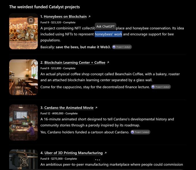 Screenshot titled “The weirdest funded Catalyst projects,” listing projects including “Honeybees on Blockchain” ($23,320), “Blockchain Learning Center + Coffee” ($33,800), “Cardano the Animated Movie” ($100,000), and “Uber of 3D Printing Manufacturing” ($275,000). It illustrates the post’s criticism that Catalyst funded quirky, loosely themed Cardano proposals, with a visible “Ask ChatGPT” overlay.