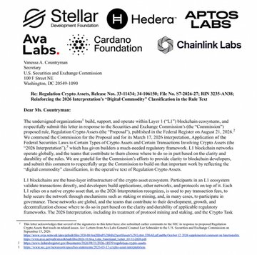 A joint industry letter from Stellar Development Foundation, Hedera, Aptos Labs, Ava Labs/Avalanche, Cardano Foundation, and Chainlink Labs urges the SEC to provide clear rules for classifying cryptocurrencies as “digital commodities.” The letter is addressed to Chairman Paul S. Atkins and cites S.D.N.Y. 25-3338, Regulation Crypto Assets, Release No. 33-11326, Release No. 34-101686, File No. S7-2025-27, and File No. S7-2025-03.