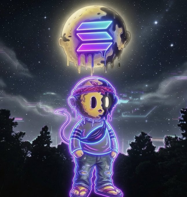 A neon-glowing cartoon character with a melting moon and Solana logo behind it, set against a starry night sky.