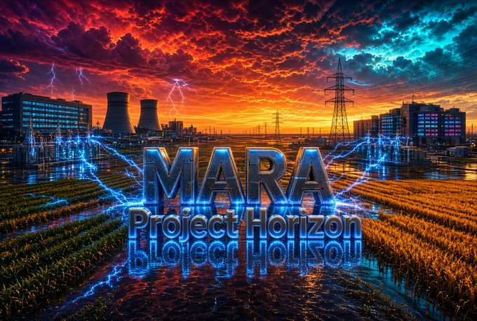 A vibrant digital artwork displaying glowing blue text "MARA Project Horizon" against a fiery sunset sky, an industrial landscape with cooling towers, electrical pylons, and a reflective flooded field.