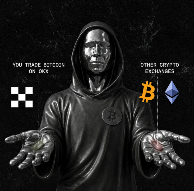 A promotional image featuring a metallic hooded figure with arms outstretched holding two coins, contrasting 'YOU TRADE BITCOIN ON OKX' (OKX logo) on the left versus 'OTHER CRYPTO EXCHANGES' (Bitcoin and Ethereum logos) on the right.